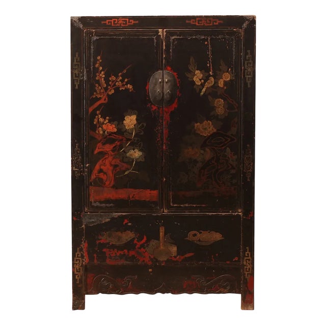 Black Lacquer Floral Wedding Cabinet, 1890s For Sale