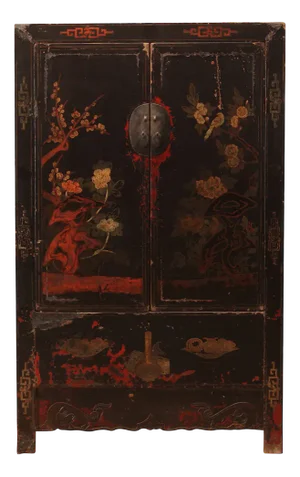 Black Lacquer Floral Wedding Cabinet, 1890s