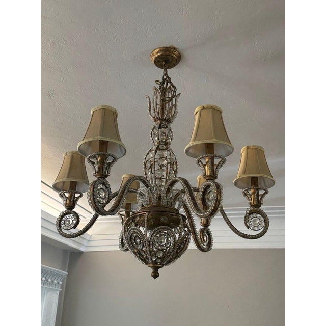 Bronze Vintage 1960s Regency Six Arm Chandelier With Gilt Iron and Crystal Beads For Sale - Image 8 of 13