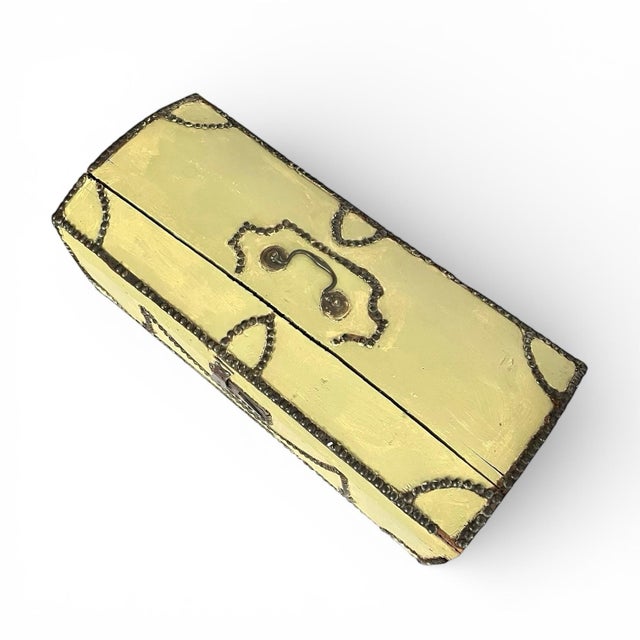 Rustic European Antique Metal Studded and Painted Wood Trunk For Sale - Image 3 of 7