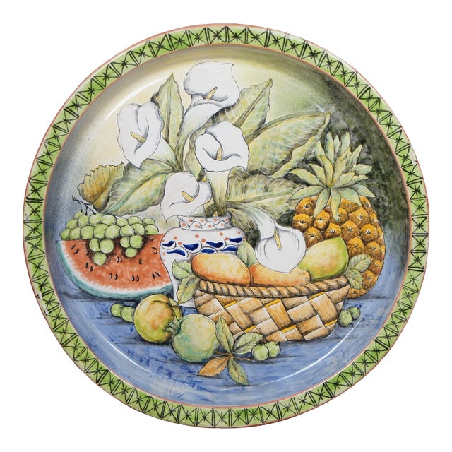 Mid 20th Century Polychrome Ceramic Painted Mexican Majolica Art Pottery Wall Plate Charger For Sale