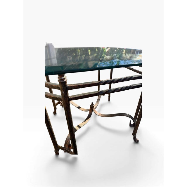 1960s Vintage Pair of Hollywood Regency Style Wrought Iron Side End Tables With Heavy Octagonal Glass Tops For Sale - Image 5 of 12