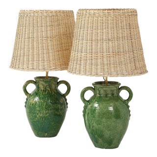 Pair of Vintage Green Ceramic Lamps With Handmade Wicker Shades For Sale