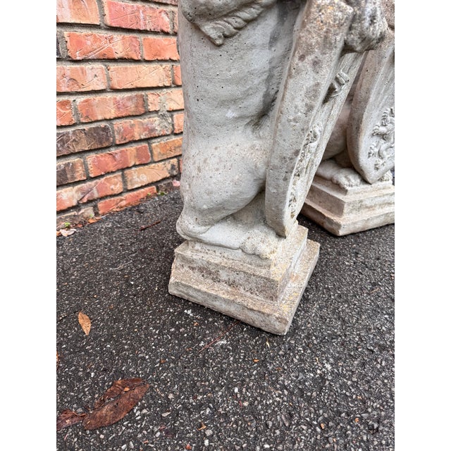 Vintage Pair English Cast Stone Lions With Heraldic Shield Statues For Sale - Image 9 of 10