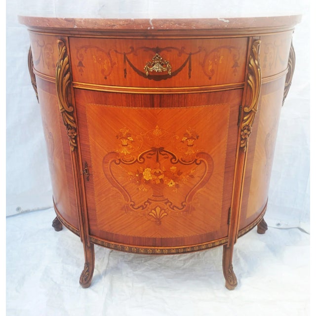 Antique 1920s Carved Inlaid Marble Top French Style Demilune Entryway Cabinet For Sale - Image 13 of 13