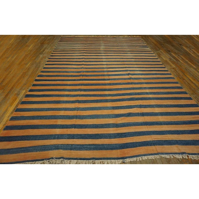 1920s 1920s Apricot Blue Stripe Antique Indian Cotton Dhurrie Carpet 9'7" X 15'3" Flatweave Wool Rug For Sale - Image 5 of 12