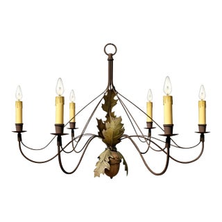 Mid-Century Arts & Crafts Bill Huebbe Wrought Iron Leaf & Acorn 6 Arm Chandelier For Sale