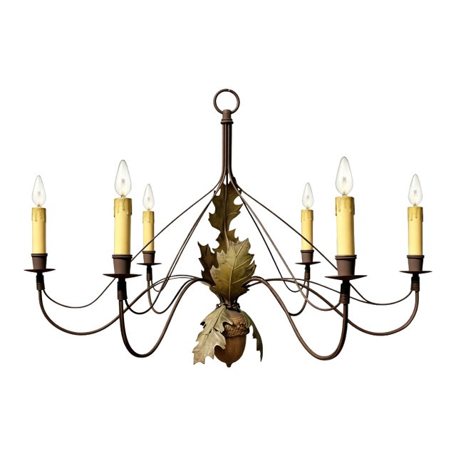 Mid-Century Arts & Crafts Bill Huebbe Wrought Iron Leaf & Acorn 6 Arm Chandelier For Sale