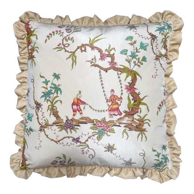 Scalamandre Chinoiserie Toile Silk Down Pillow For Sale