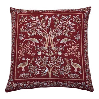 Trees & Birds Red Tapestry Cushion With Feather Filler - 46x46cm (18"x18") For Sale