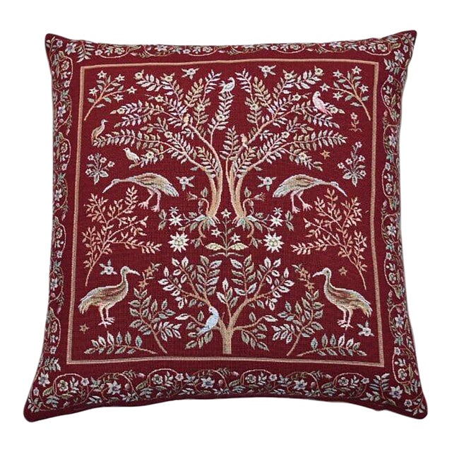 Trees & Birds Red Tapestry Cushion With Feather Filler - 46x46cm (18"x18") For Sale