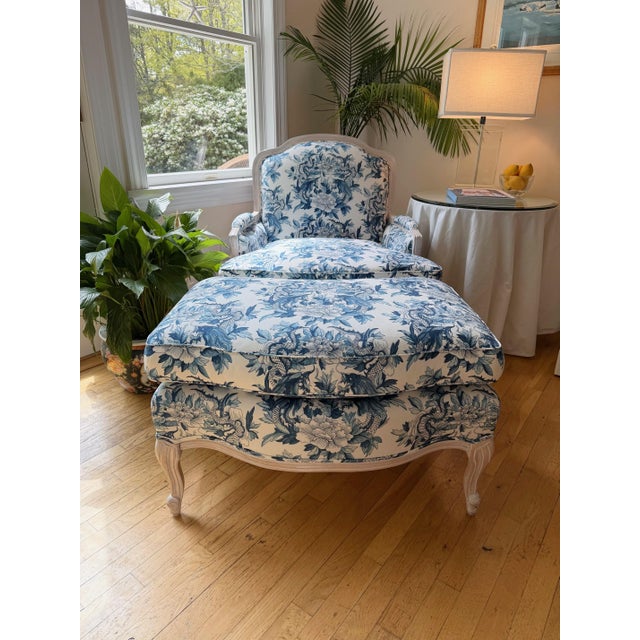 Custom Blue and White Marquis Bergere Chair and Ottoman Set Upholstered in Ralph Lauren For Sale - Image 16 of 18