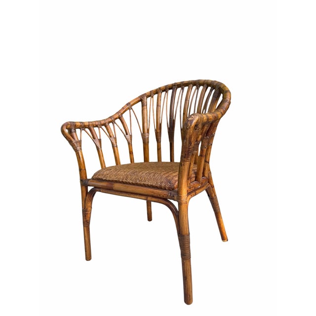 Contemporary Vintage Handcrafted Rattan Barrel Back Chair With Woven Seat For Sale - Image 3 of 13