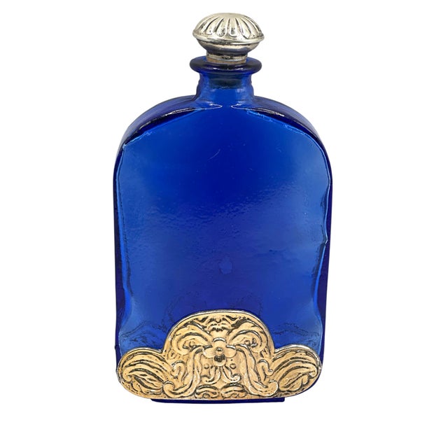 Vintage Cobalt Blue Spanish Art Glass Flask With Ornate Embossed Scrollwork Medallion For Sale - Image 12 of 12