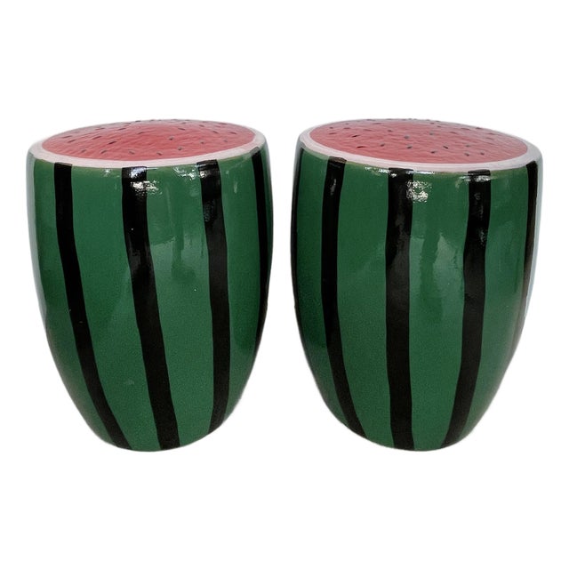 Glazed Ceramic Watermelon Garden Stools - A Pair For Sale