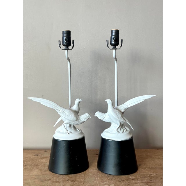 Vintage Regency Bisque Porcelain Bird Lamps - A Pair For Sale In West Palm - Image 6 of 7
