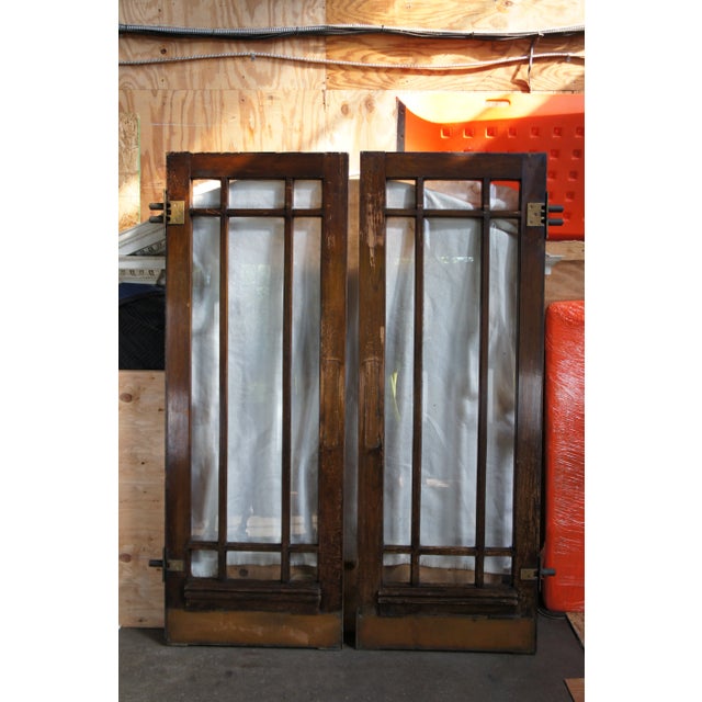 Set of 2 Reclaimed Mid-Century Oak Mission Craftsman Beveled Glass French Swing Double Doors For Sale - Image 4 of 12