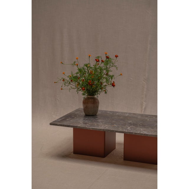 Coffee Table in Fossil Marble and Orange Lacquer, 1970s For Sale - Image 3 of 16