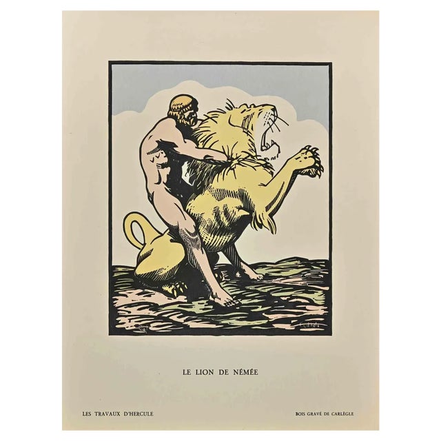 Carlège, Le Lion de Némée, Original Woodcut Print, Early 20th Century For Sale