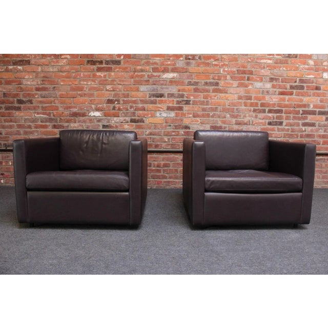 Mid-Century Modern Pair of Vintage Charles Pfister for Knoll Leather Cube Chairs For Sale - Image 3 of 12