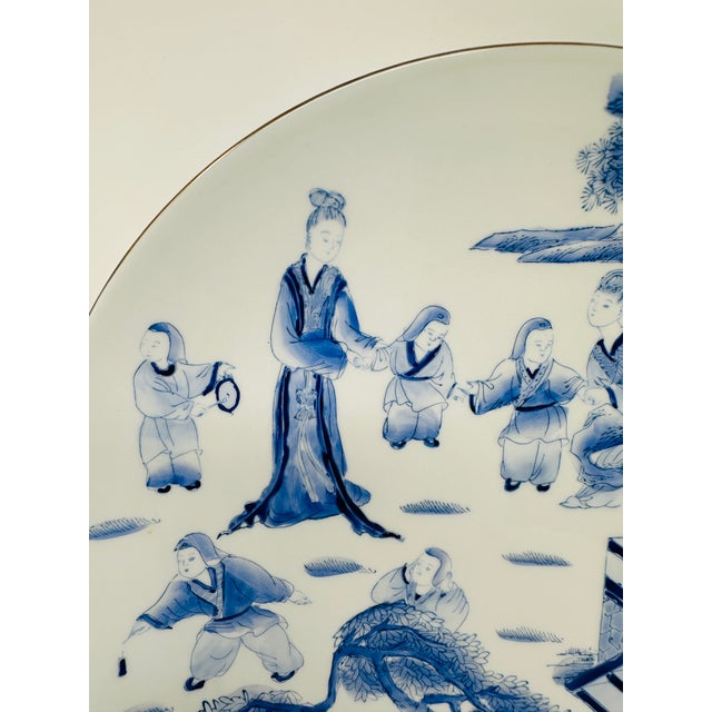 Chinoiserie Large 12.5" Chinoiserie Blue & White Porcelain Charger - Hand-Painted "Children at Play" Motif - Vintage 1980s Macau Export Art For Sale - Image 3 of 9