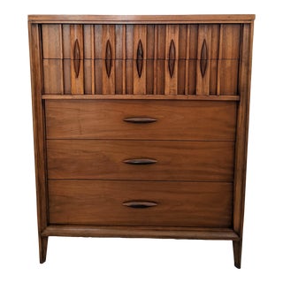 Vintage Mid Century Modern Sculpted Highboy Walnut Dresser For Sale