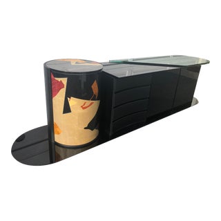 Italian Pietro Costantini Credenza Black Lacquered Geometric Inlay 1980s For Sale