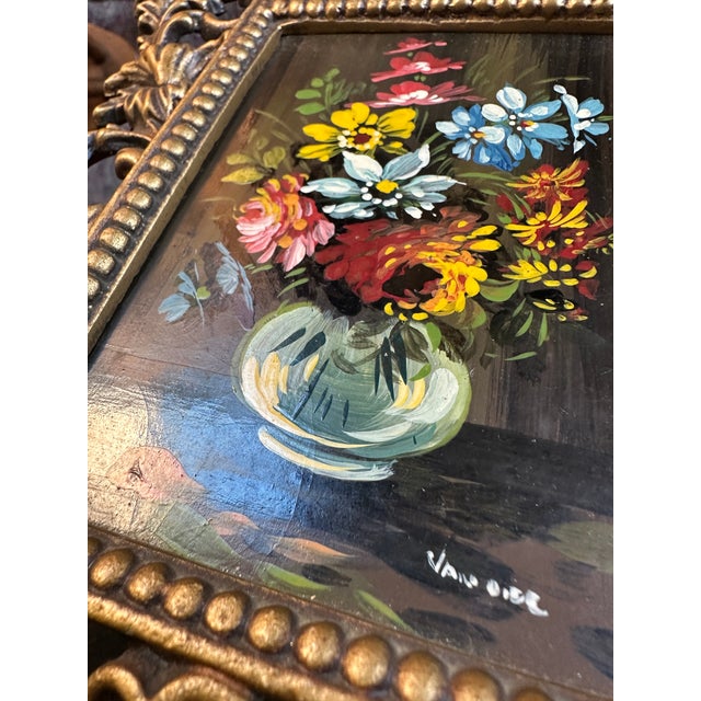 Paint Vintage Rococo Style Miniature Still Life Paintings in Gilded Brass Frames – Pair For Sale - Image 7 of 13