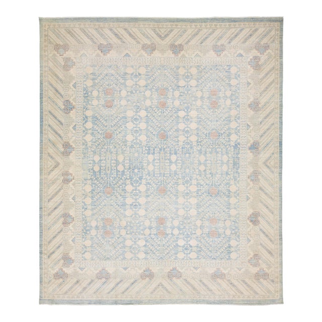 16x19 Modern Khotan Style Area Rug - Hand-Knotted Wool in Sky Blue, Ivory & Sand For Sale