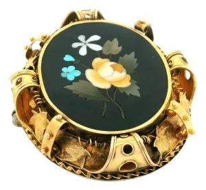 Victorian Italian 14k Gold Pietra Dura Floral Brooch
