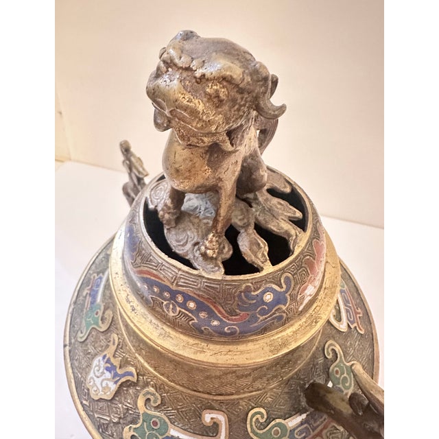 Chinoiserie Early 20th Century Chinese Foo Dog Bronze Cloisonné Censor For Sale - Image 3 of 12