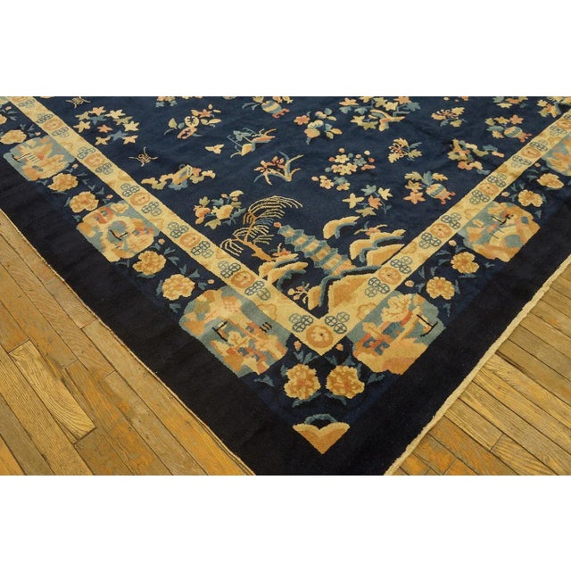 Textile 1920s Navy Blue Floral Shou Antique Chinese Art Deco Rug 8' 2''x 9' 10'' Knotted Wool Carpet For Sale - Image 7 of 12