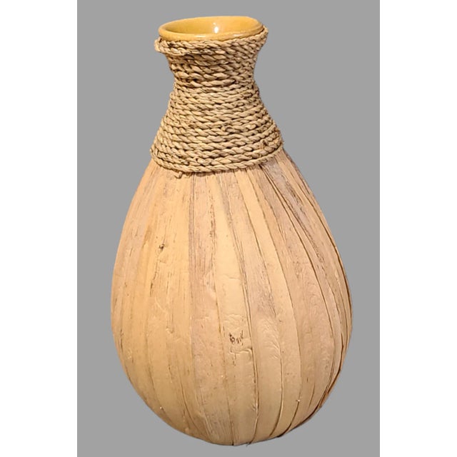 Tribal Vintage Inspired by Nature Glazed Pottery Decanter Sea-Grass and Bamboo Leaves For Sale - Image 3 of 5