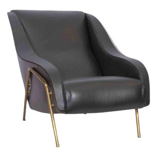 Vintage Leather Armchair with Brass Base, Italy, 1950s For Sale