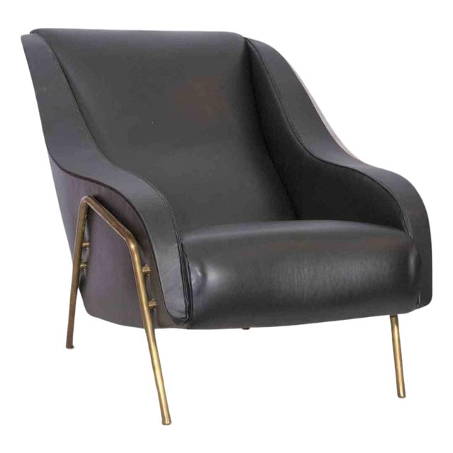 Vintage Leather Armchair with Brass Base, Italy, 1950s For Sale