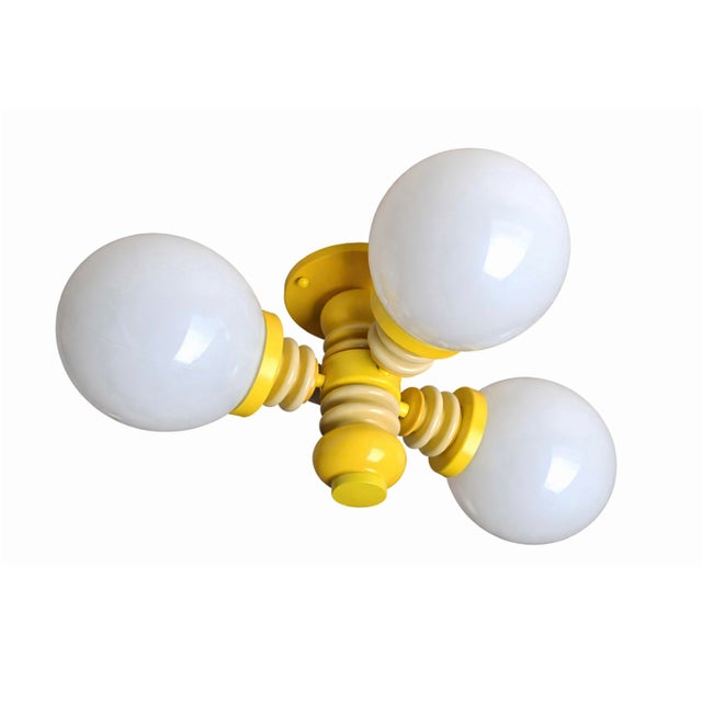 Mid-Century Modern Mid 20th Century Mod Yellow 3-Globe Pendant Light Fixture For Sale - Image 3 of 5