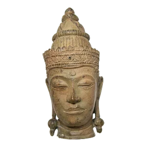Cast Bronze Buddha Head Sculpture With Verdigris 19th C.