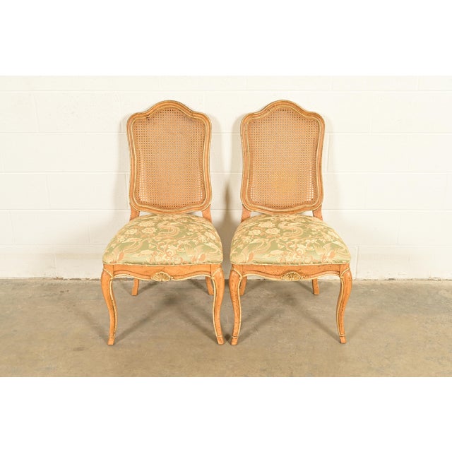 French Provincial John Stuart French Provincial Louis XV Carved Oak and Cane Back Side Chairs or Dining Chairs | Pair For Sale - Image 3 of 14