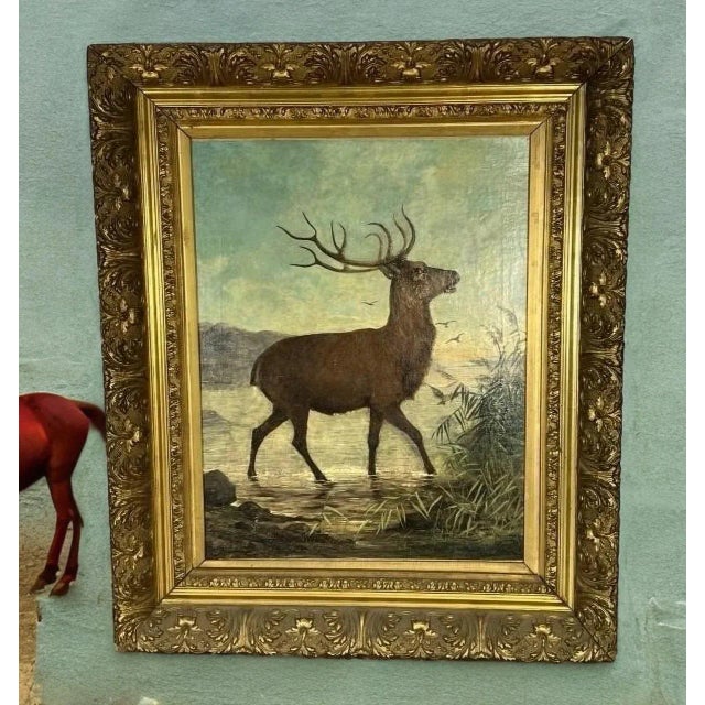 Signed & Dated 1879, Belgian Artist, Charles Boland, Oc Painting of a Stag in Water, Framed For Sale - Image 9 of 12