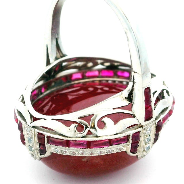 Vintage Platinum Cabochon Ruby, Ruby and Diamond Statement Ring, Size 6.5 For Sale - Image 13 of 15