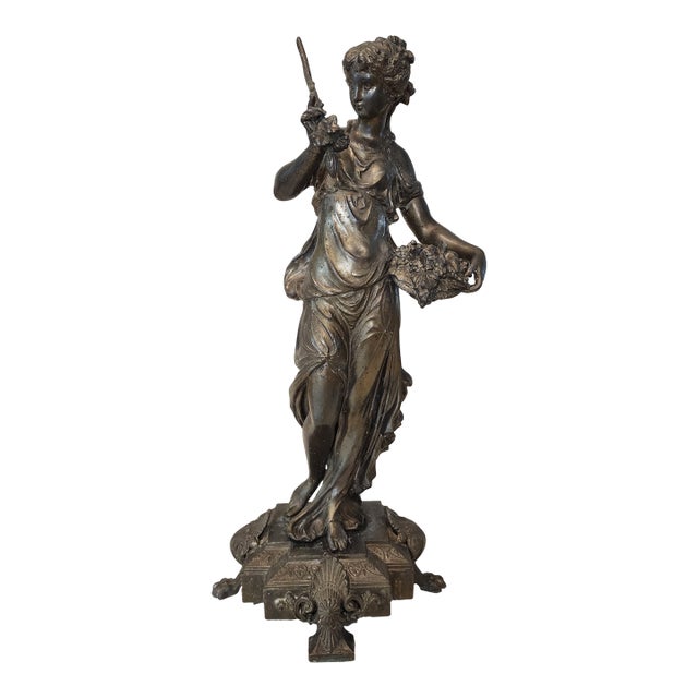 Elegant 19th Century Neoclassical Spelter Statue of Woman With Grapes, Bronze Patina, 18" Tall For Sale
