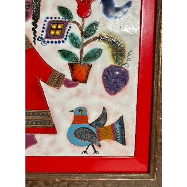 Irene Awret, Girl & Plants Enamel Glazed Ceramic Plaque Israeli Artist Awret Naive Folk Art For Sale In Miami - Image 6 of 8