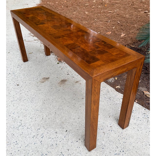 Long burl walnut veneer with parquet pattern top sofa table. If you're looking for a table that's a perfect size for...