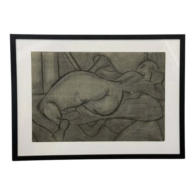 Reclining Nude Charcoal Drawing by Young For Sale