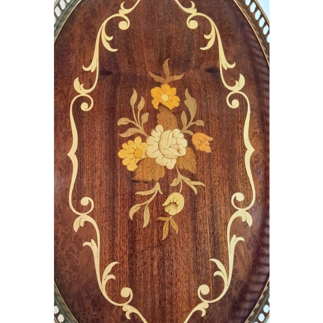 Hollywood Regency Mid 20th Century Italian Marquetry Wood Inlay Oval Serving Tray With Brass Gallery Rail & Handles For Sale - Image 3 of 8