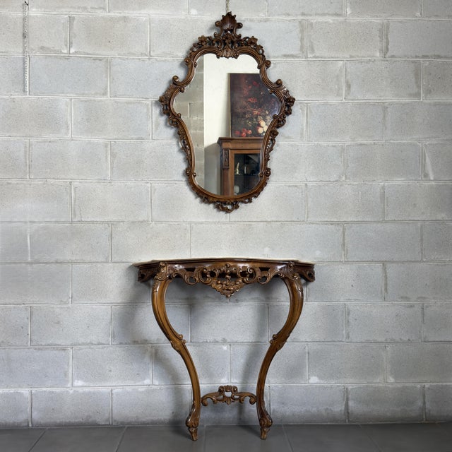 Vintage Louis XV Console Table with Mirror, Carved Wood and Marble Top, 1960s, Set of 2 For Sale - Image 16 of 16