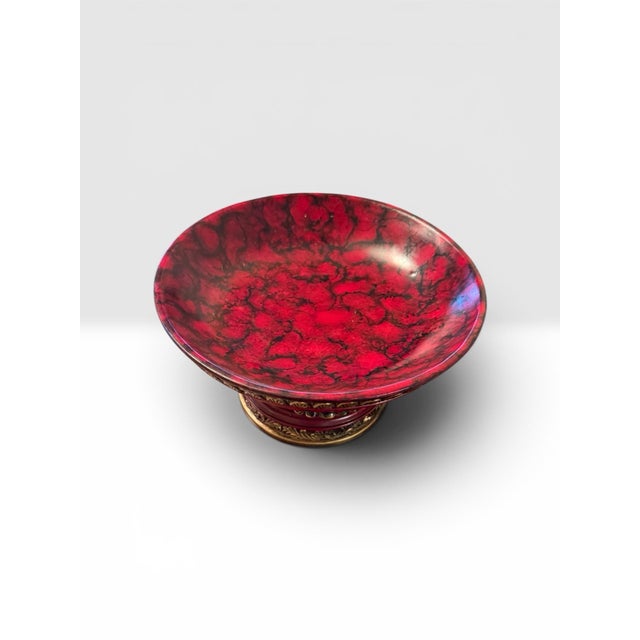 Contemporary Vintage Red Marble-Style Pedestal Elegant Compote Bowl With Ornate Brass Finish For Sale - Image 3 of 7