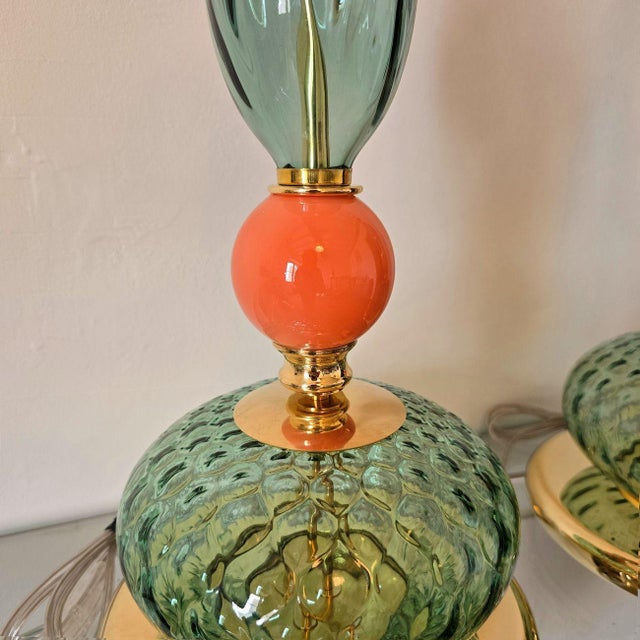 1990s 1990s Pair of Green, Mid Century Modern, Murano Glass Table Lamps For Sale - Image 5 of 9