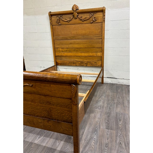 Late 19th Century Antique Full Size Victorian Eastlake Carved Oak High Back Bed For Sale - Image 5 of 7