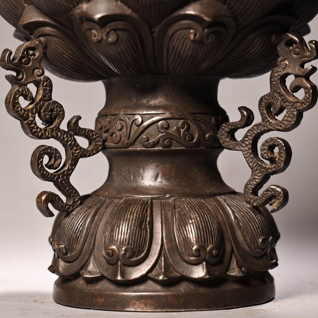 Bronze Bronze Lotus Incense Burner – High Relief Censer With Lion Finial For Sale - Image 8 of 9